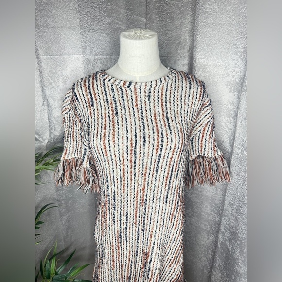 Zara Beige Tweed W/ Fringe Hem Mini Dress Sz M - Picture 5 of 11